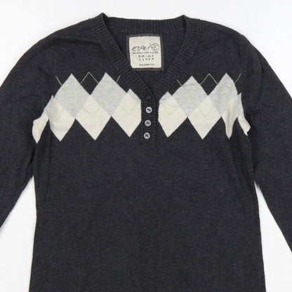Esprit Women’s Grey Argyle Henley V-Neck Knit Jumper Size S