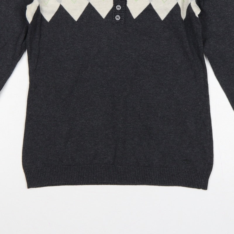 Esprit Women’s Grey Argyle Henley V-Neck Knit Jumper Size S