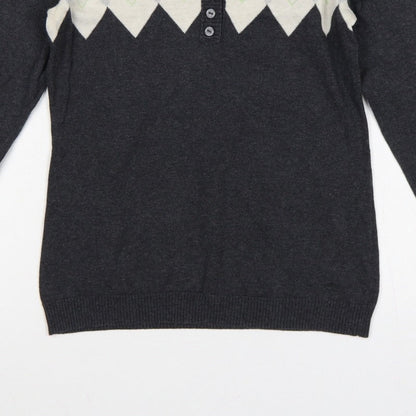 Esprit Women’s Grey Argyle Henley V-Neck Knit Jumper Size S