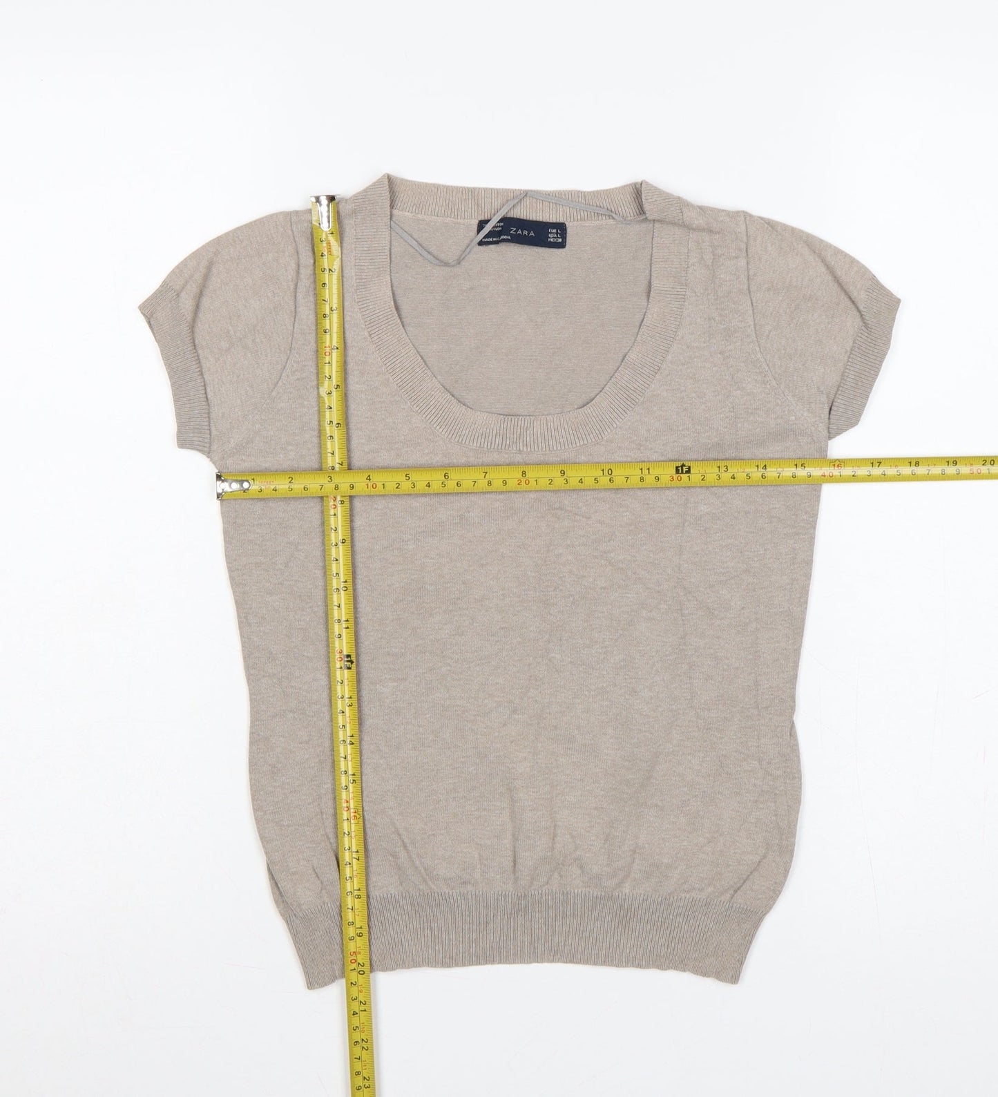 Zara Women Beige UK 14 Short Sleeve Scoop Neck Cotton Knit Jumper