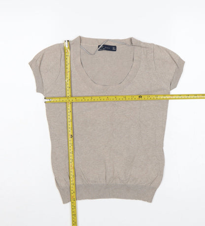 Zara Women Beige UK 14 Short Sleeve Scoop Neck Cotton Knit Jumper