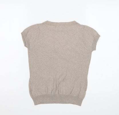 Zara Women Beige UK 14 Short Sleeve Scoop Neck Cotton Knit Jumper