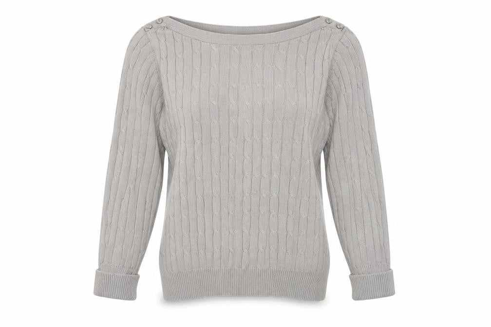 BHS Women Grey Cable Knit Boat Neck Button Shoulder Jumper Size 12