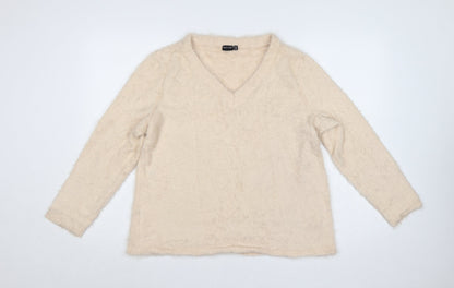Bodyflirt Women Beige V-Neck Fluffy Knit Jumper Size L