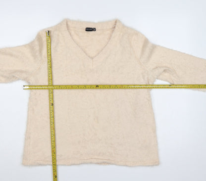 Bodyflirt Women Beige V-Neck Fluffy Knit Jumper Size L