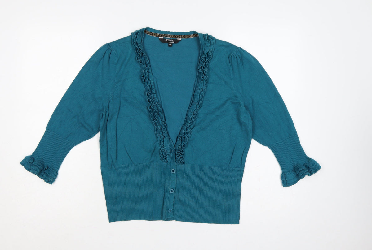 STAR by Julien Macdonald Women’s Blue Size 18 Ruffle V-Neck Cardigan