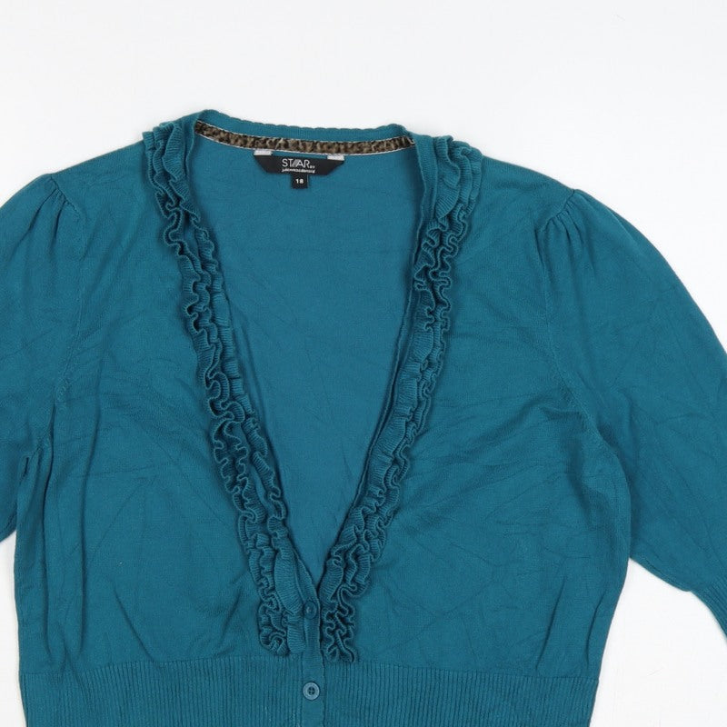 STAR by Julien Macdonald Women’s Blue Size 18 Ruffle V-Neck Cardigan
