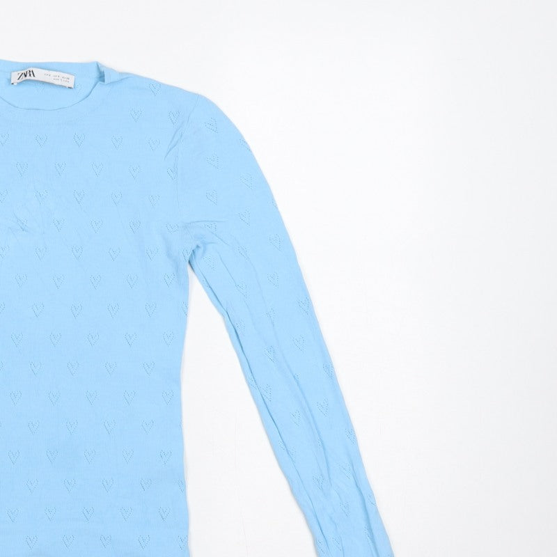 Zara Women Blue S Heart Pointelle Knit Long Sleeve Crew Neck Jumper