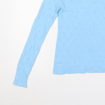 Zara Women Blue S Heart Pointelle Knit Long Sleeve Crew Neck Jumper