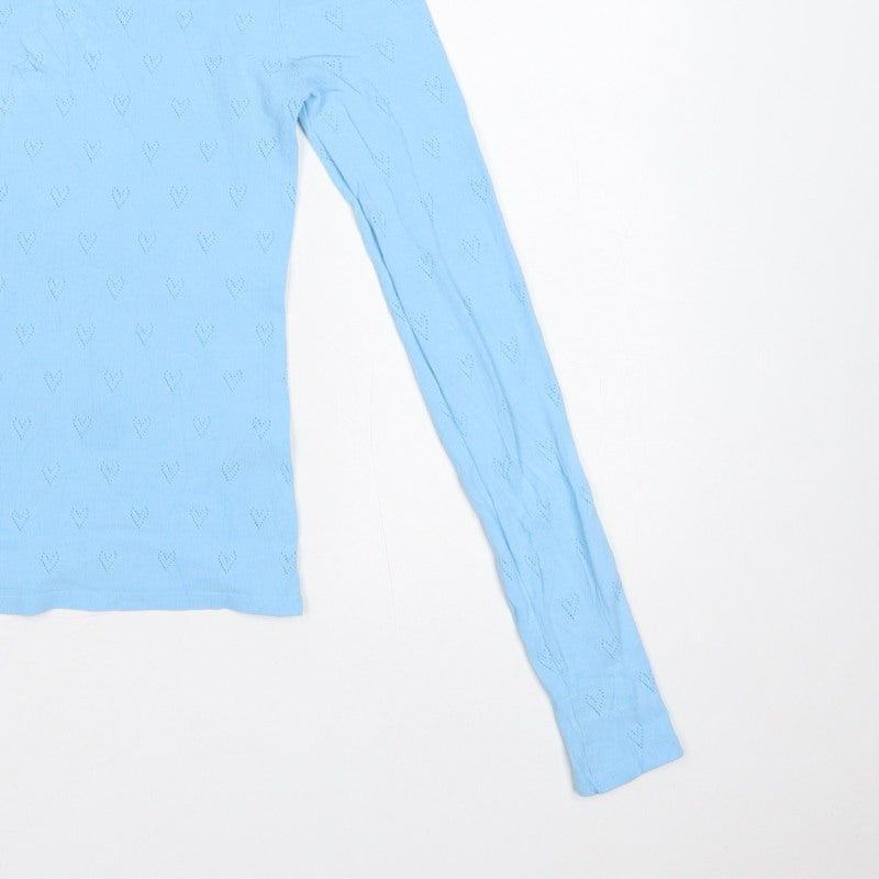 Zara Women Blue S Heart Pointelle Knit Long Sleeve Crew Neck Jumper