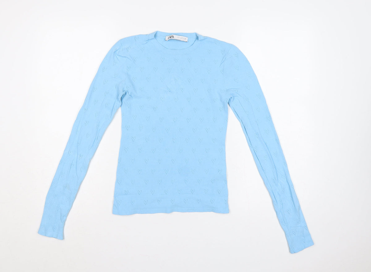 Zara Women Blue S Heart Pointelle Knit Long Sleeve Crew Neck Jumper