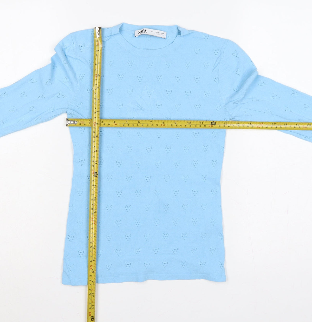 Zara Women Blue S Heart Pointelle Knit Long Sleeve Crew Neck Jumper