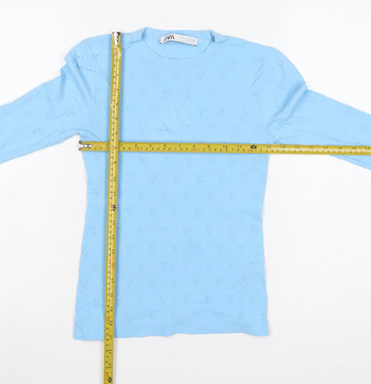 Zara Women Blue S Heart Pointelle Knit Long Sleeve Crew Neck Jumper