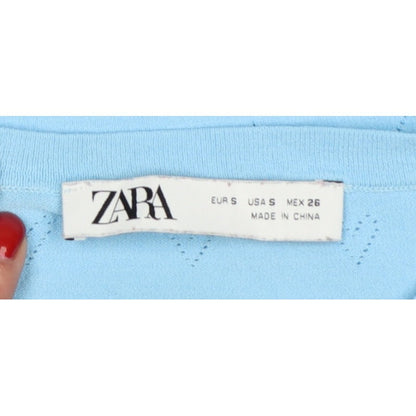 Zara Women Blue S Heart Pointelle Knit Long Sleeve Crew Neck Jumper