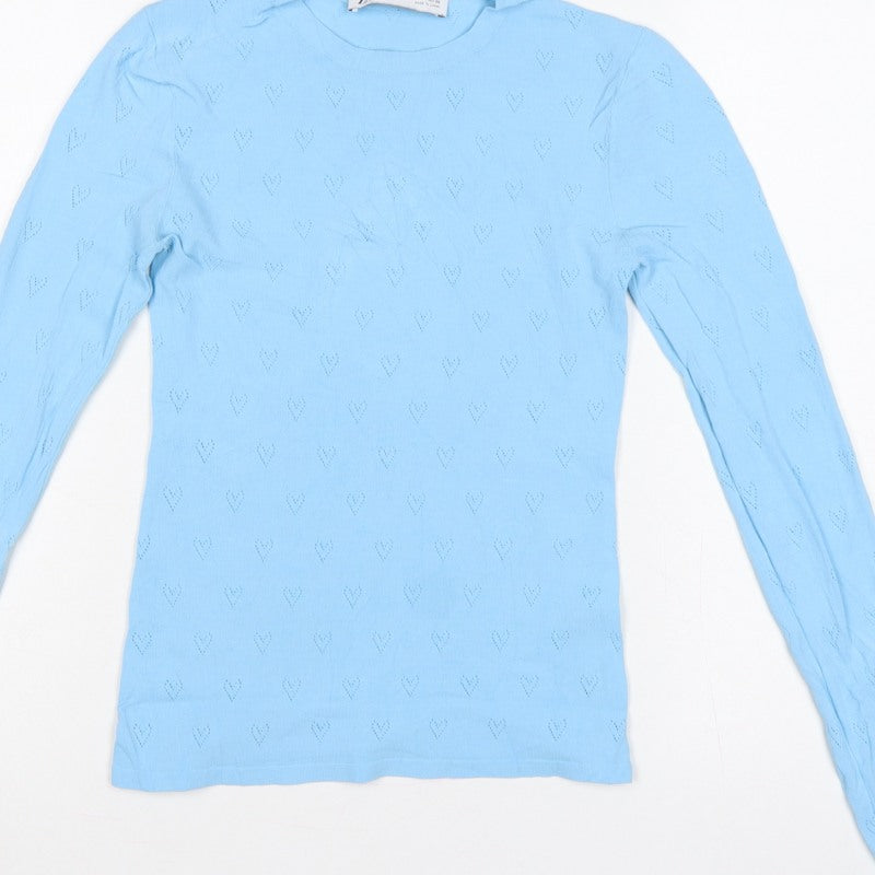 Zara Women Blue S Heart Pointelle Knit Long Sleeve Crew Neck Jumper