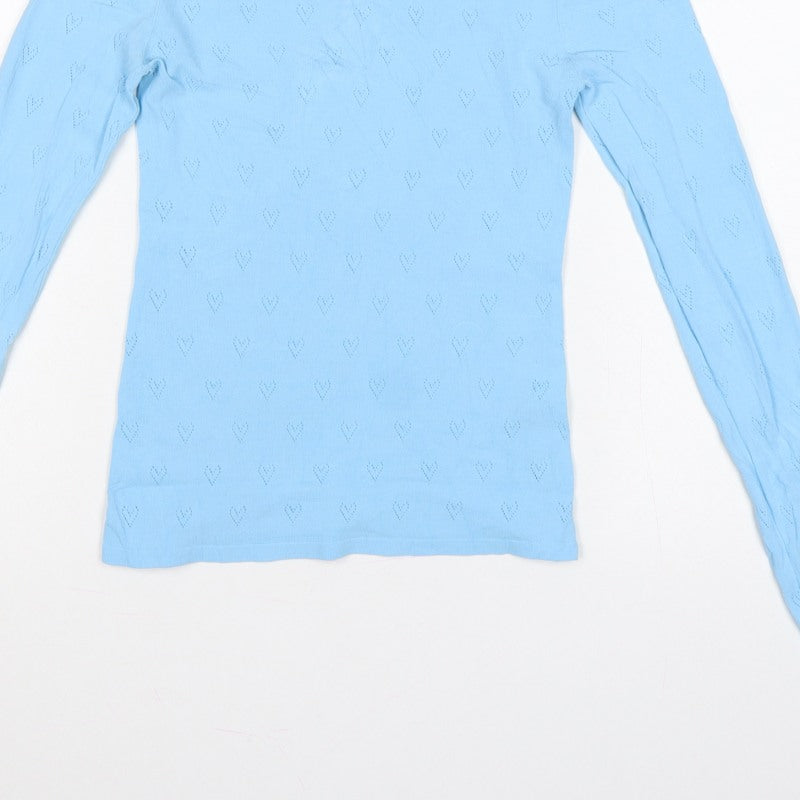 Zara Women Blue S Heart Pointelle Knit Long Sleeve Crew Neck Jumper