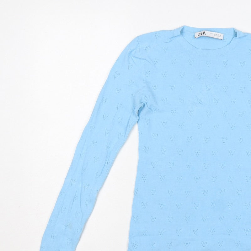 Zara Women Blue S Heart Pointelle Knit Long Sleeve Crew Neck Jumper