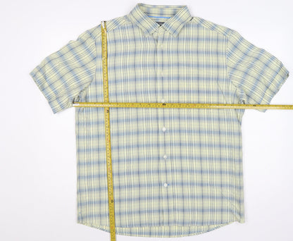 Marks & Spencer Men Yellow Blue Plaid Button-Down Shirt L Short Sleeve