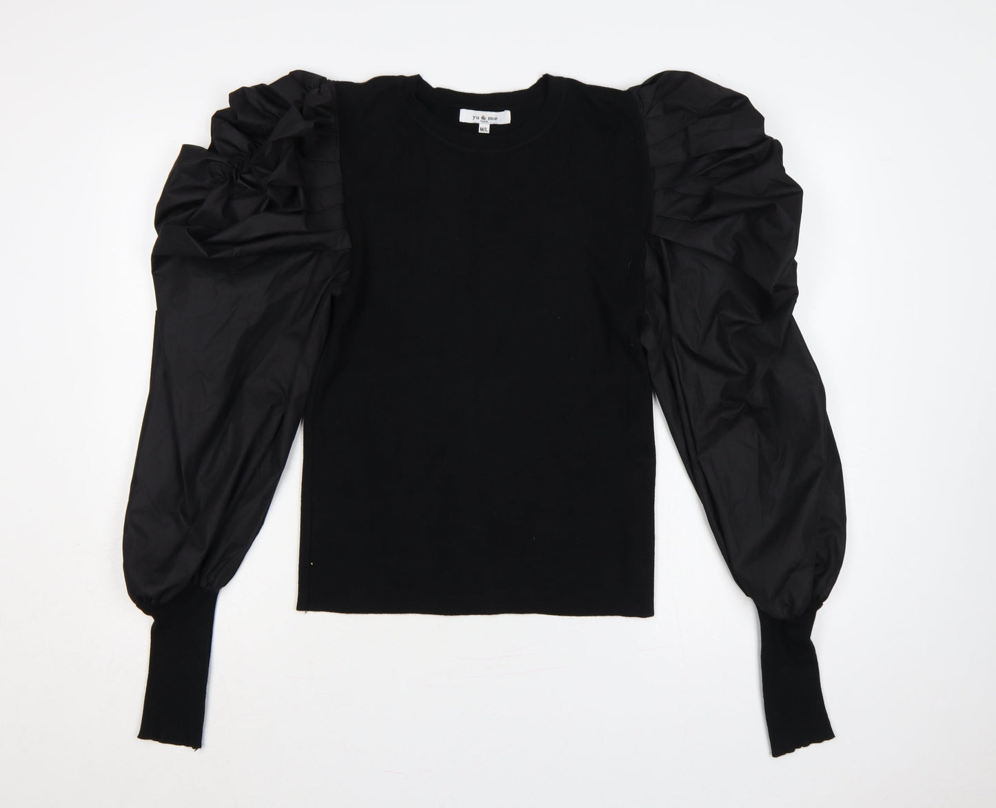 Yu & Me Paris Women Black M Ruffle Balloon Sleeve Knit Jumper