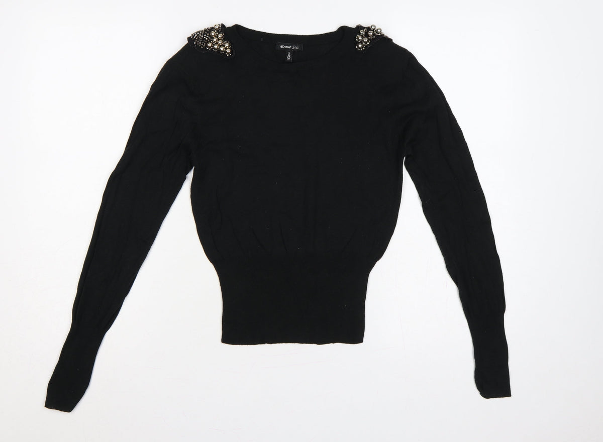 Brave Soul Women Black UK 10 Embellished Shoulder Crew Neck Knit Jumper