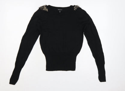 Brave Soul Women Black UK 10 Embellished Shoulder Crew Neck Knit Jumper