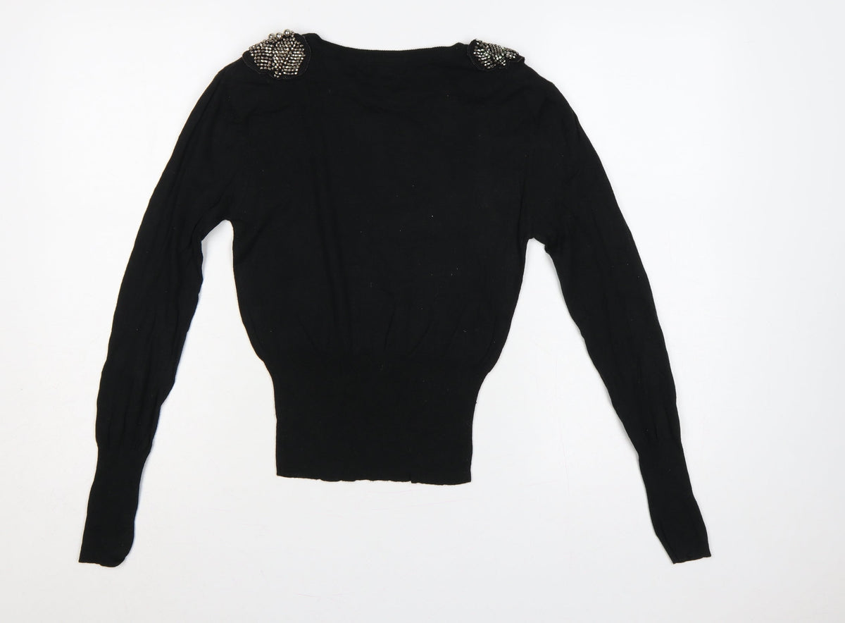 Brave Soul Women Black UK 10 Embellished Shoulder Crew Neck Knit Jumper