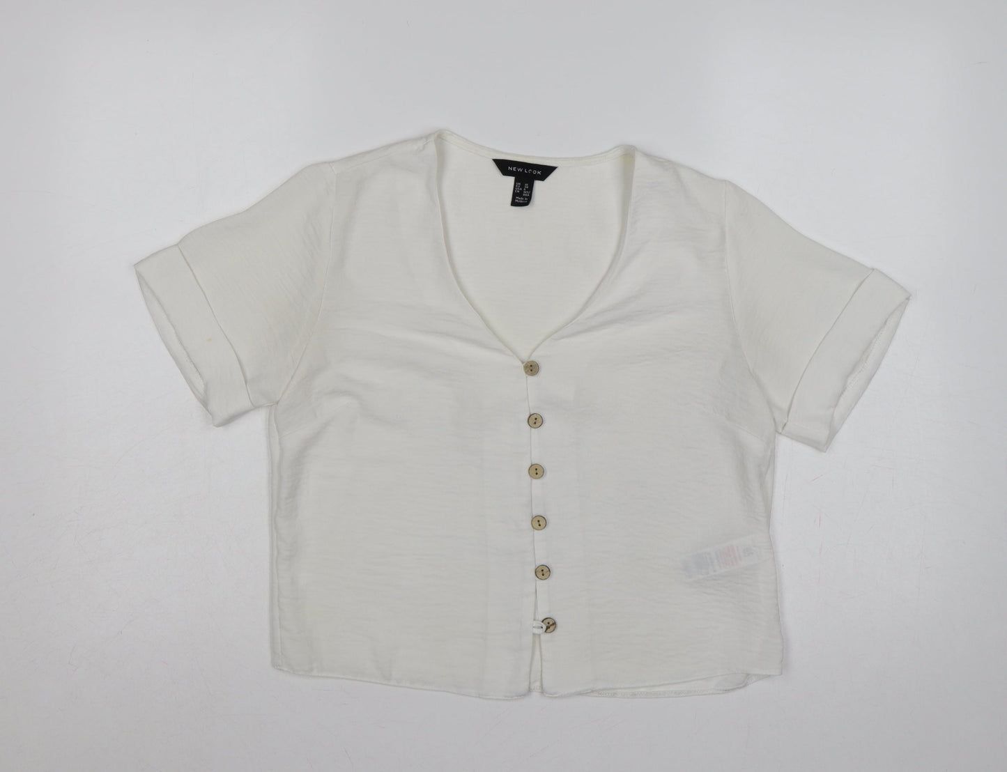 New Look Women White UK 10 V-Neck Button Front Short Sleeve Blouse