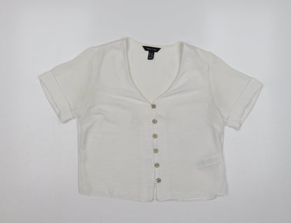 New Look Women White UK 10 V-Neck Button Front Short Sleeve Blouse