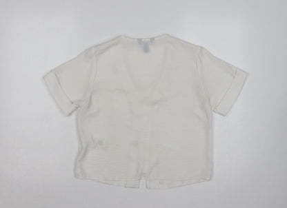 New Look Women White UK 10 V-Neck Button Front Short Sleeve Blouse
