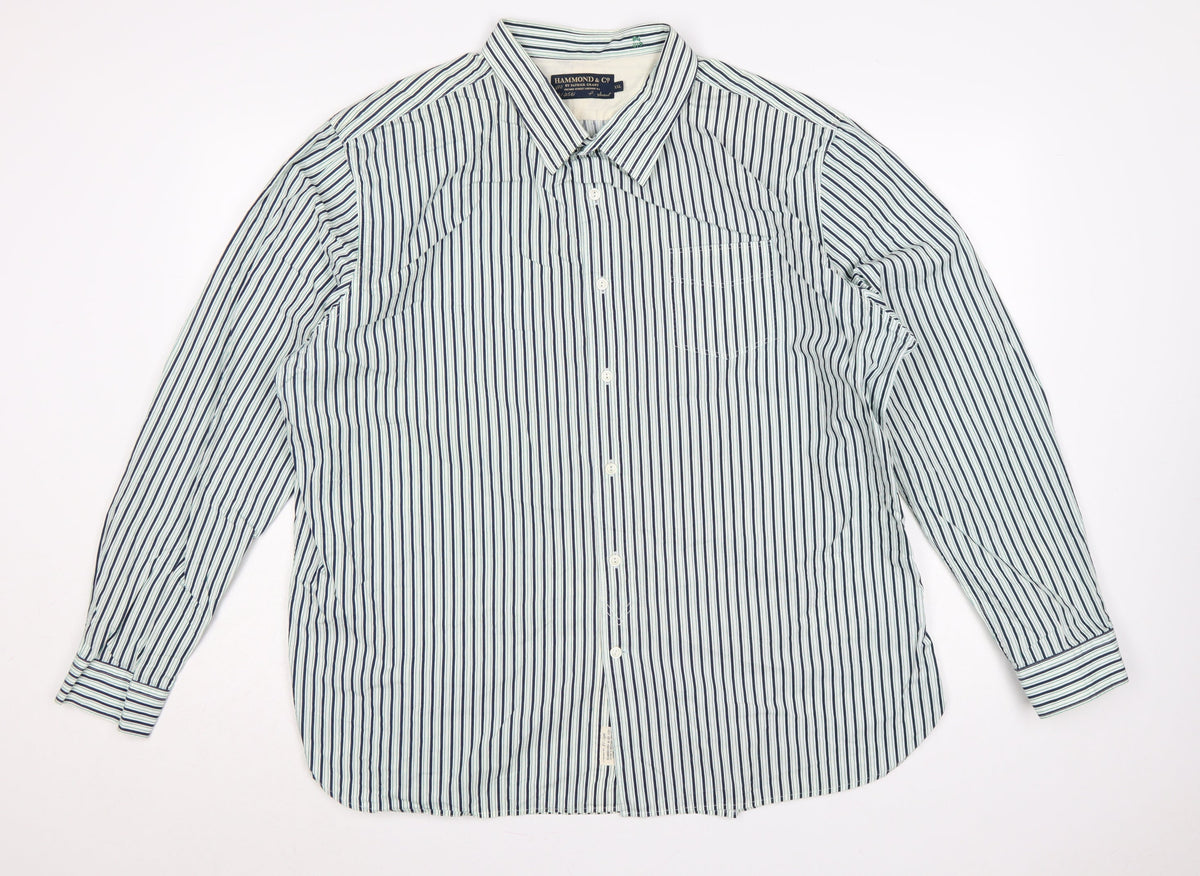 Hammond & Co Men’s White Navy Green Stripe Cotton Shirt 2XL