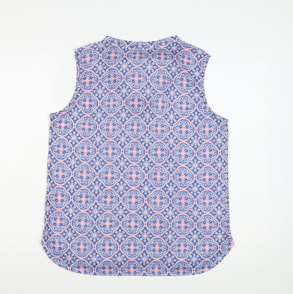 Close-up detail of Dunnes Women’s Blue Pink Geometric Sleeveless Tank Top UK 14