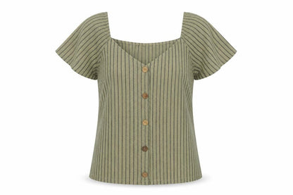Dunnes Women Green M Striped Button Front Flutter Sleeve Blouse