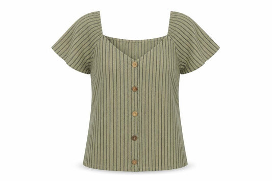 Dunnes Women Green M Striped Button Front Flutter Sleeve Blouse