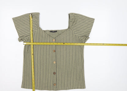 Dunnes Women Green M Striped Button Front Flutter Sleeve Blouse