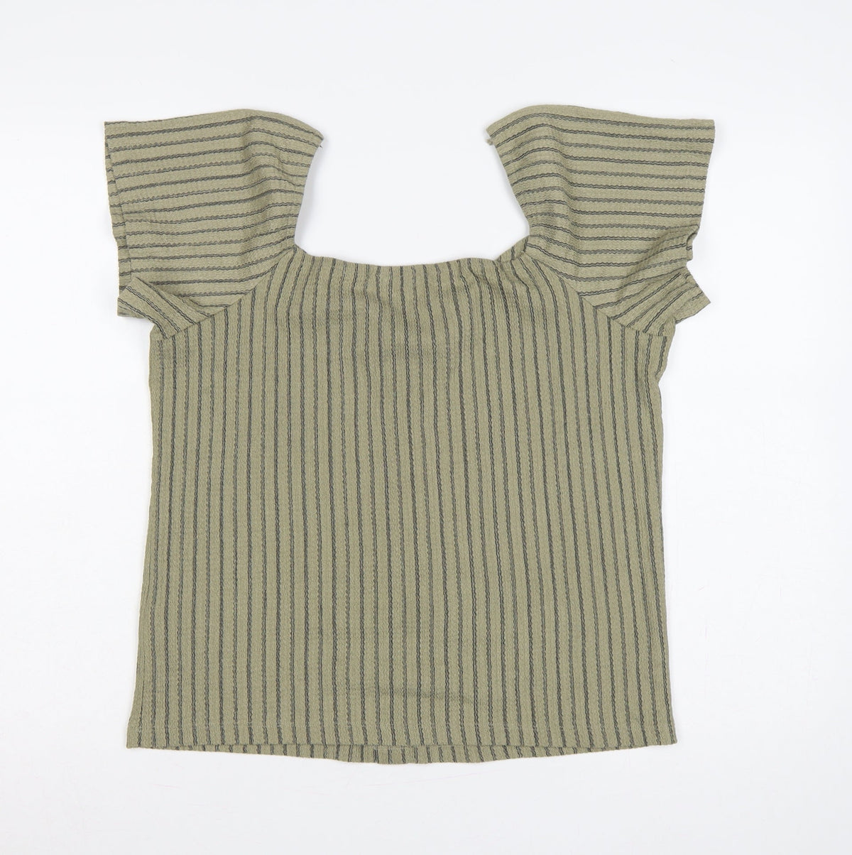 Dunnes Women Green M Striped Button Front Flutter Sleeve Blouse