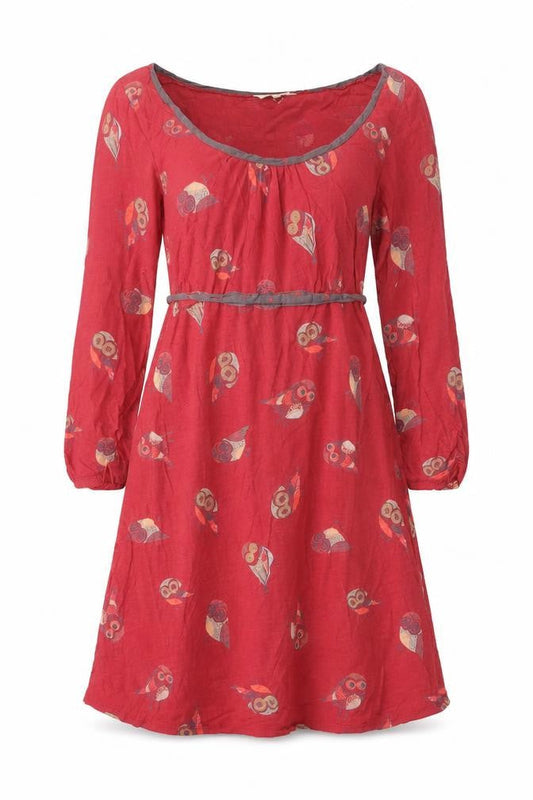Little Stuff Women Red Owl Print Fit & Flare Dress UK 10 Cotton