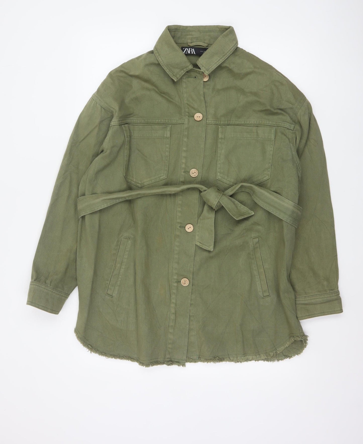 Zara Women Green S Military Belted Cotton Twill Jacket