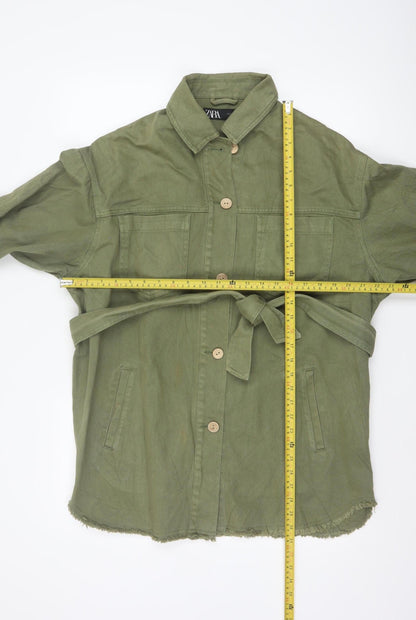 Zara Women Green S Military Belted Cotton Twill Jacket