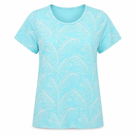 Anna Rose Women Blue M Tropical Leaf Jersey T-Shirt Scoop Neck