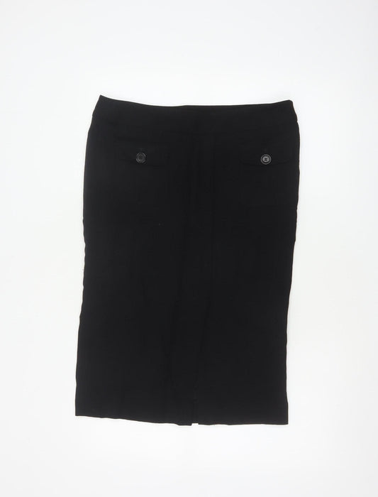 Jaeger Women Black UK 14 Wool Blend Knee Length Pencil Skirt Buttons