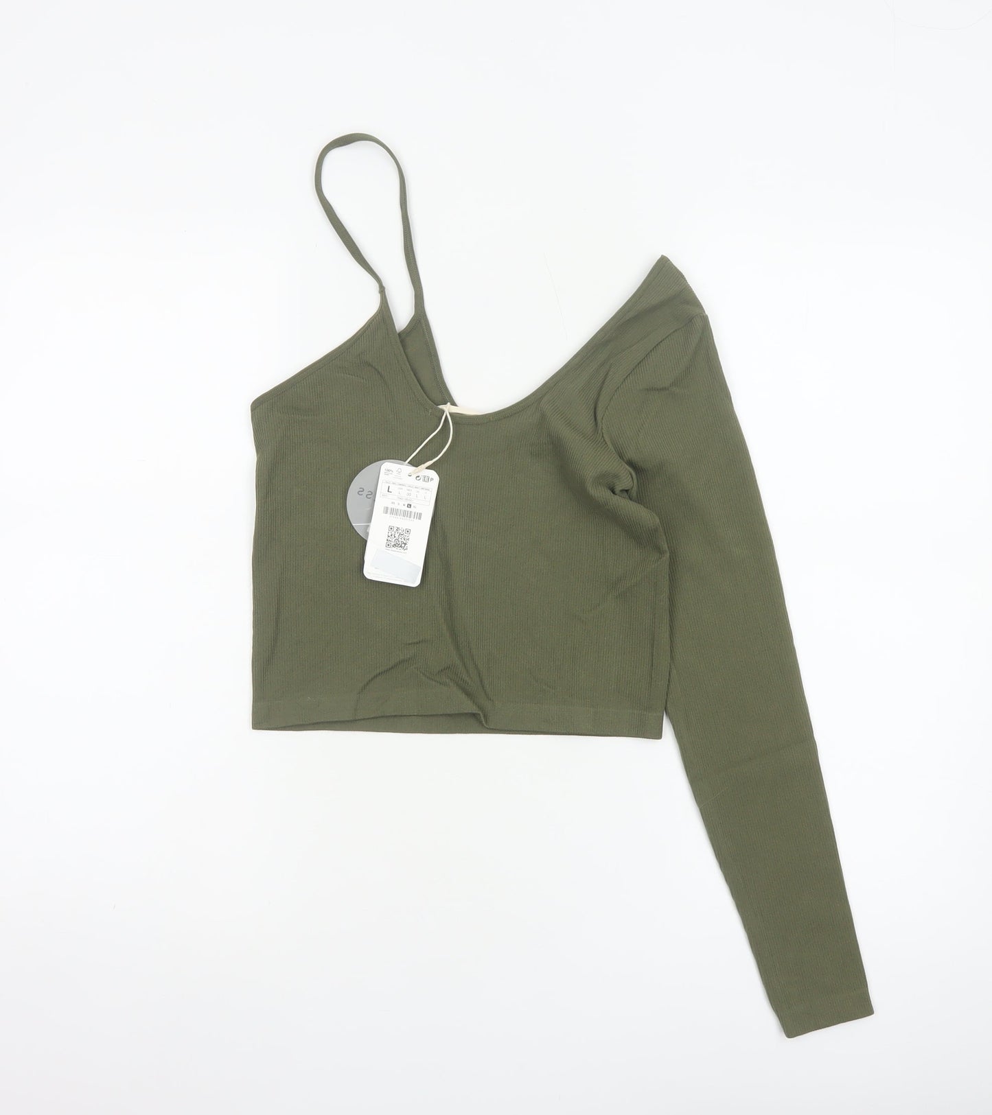 STR Women’s Green L Cropped Asymmetric Ribbed Long Sleeve Top