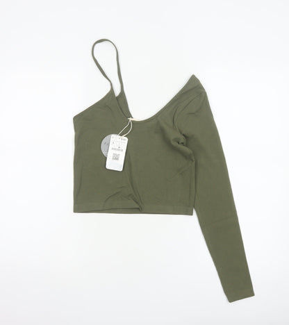 STR Women’s Green L Cropped Asymmetric Ribbed Long Sleeve Top