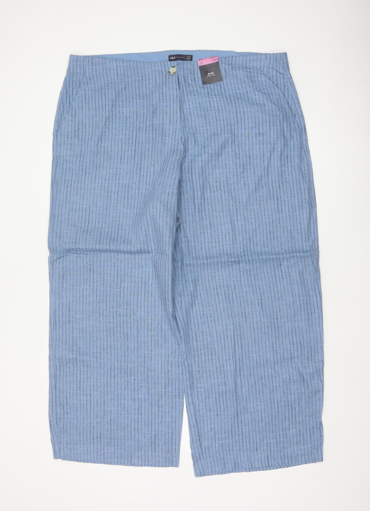 Marks & Spencer Women’s Blue Striped Wide Leg High Rise Linen Trousers UK 22 Short