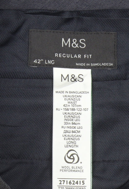 M&S Men's Grey 42in Regular Fit Wool Blend Dress Trousers 33in Leg