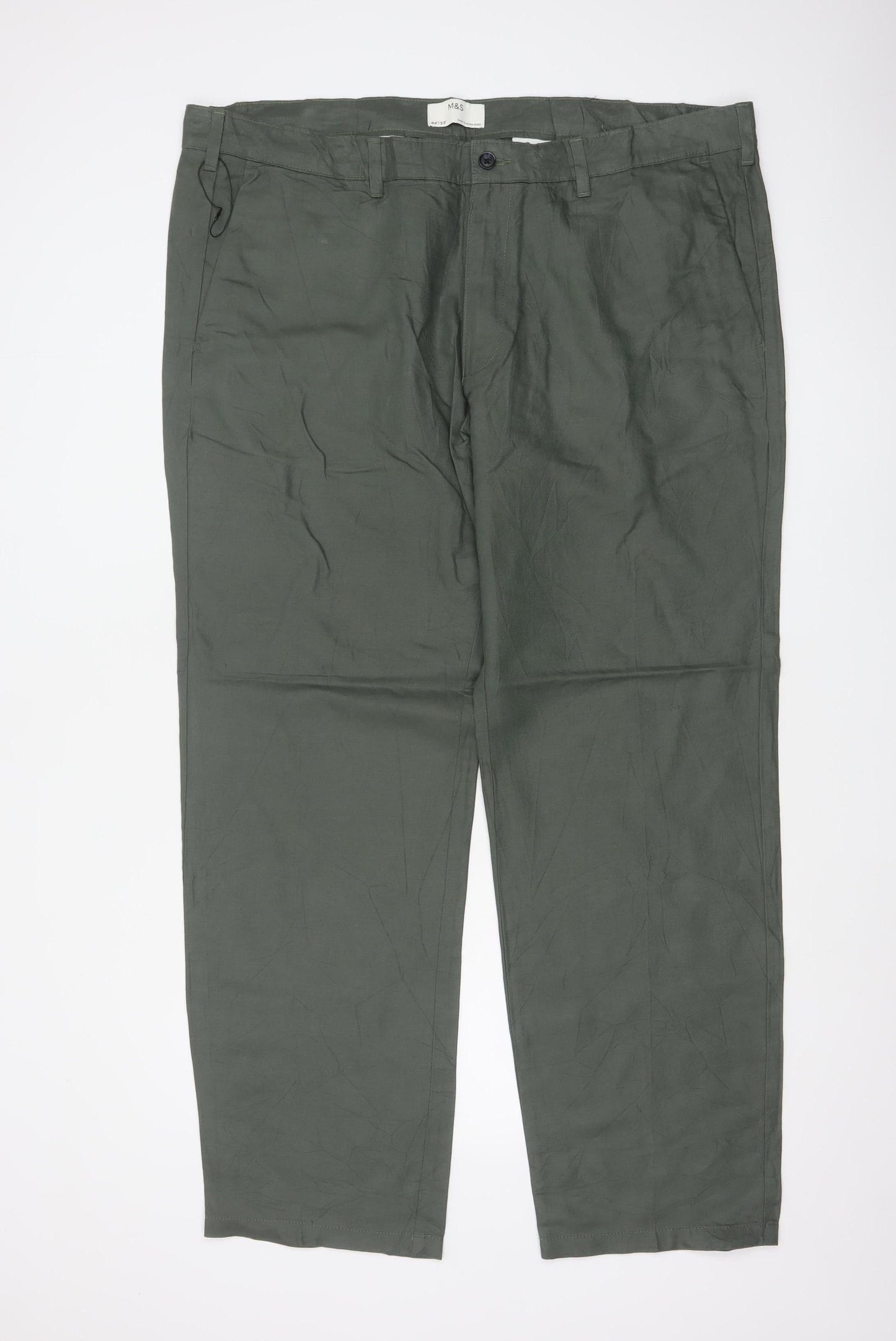 Marks & Spencer Men Green 44in 33in Linen Cotton Chino Trousers