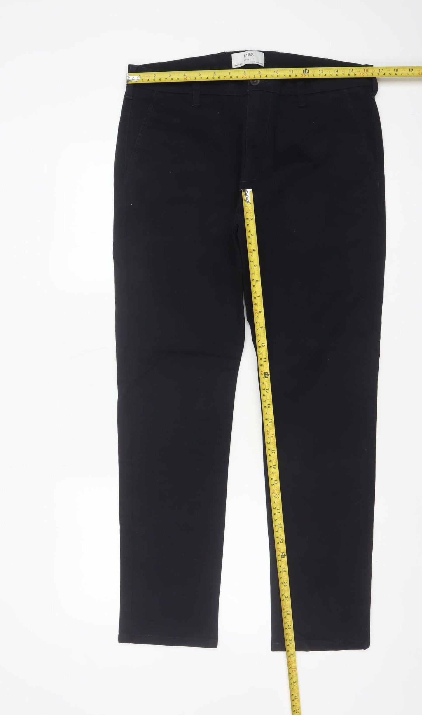 Marks & Spencer Men's Black 34/31 Slim Fit Cotton Stretch Trousers