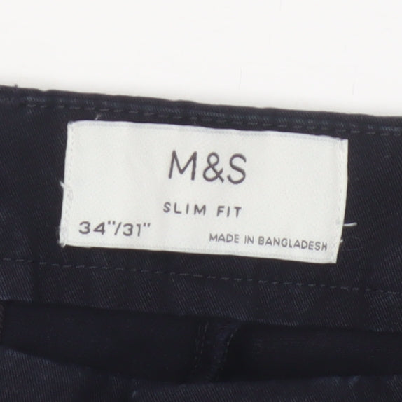 Marks & Spencer Men's Black 34/31 Slim Fit Cotton Stretch Trousers
