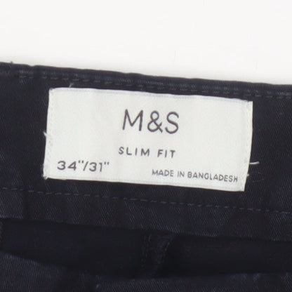 Marks & Spencer Men's Black 34/31 Slim Fit Cotton Stretch Trousers