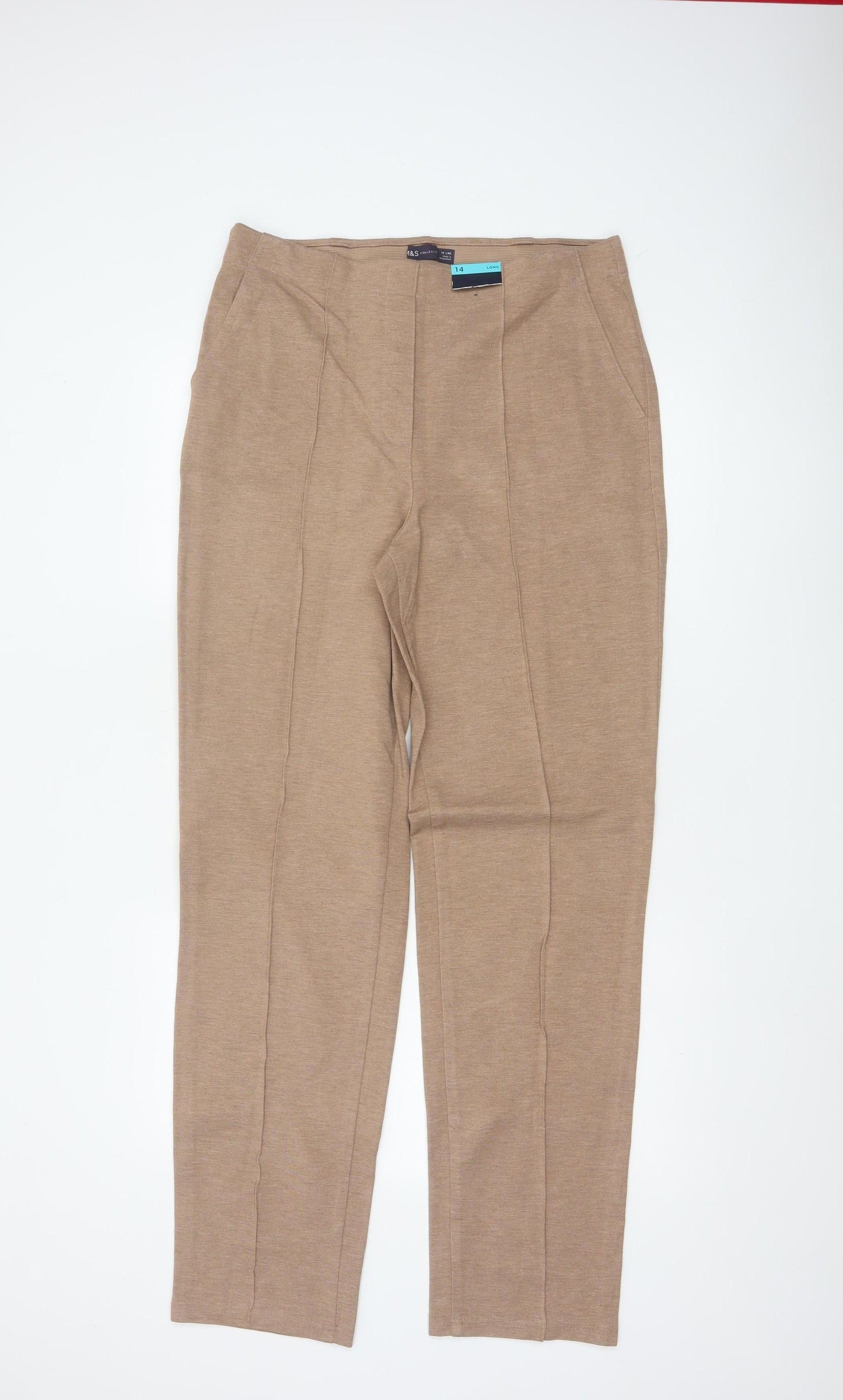 Marks & Spencer Women's Beige UK 14 Long Tailored Straight Trousers