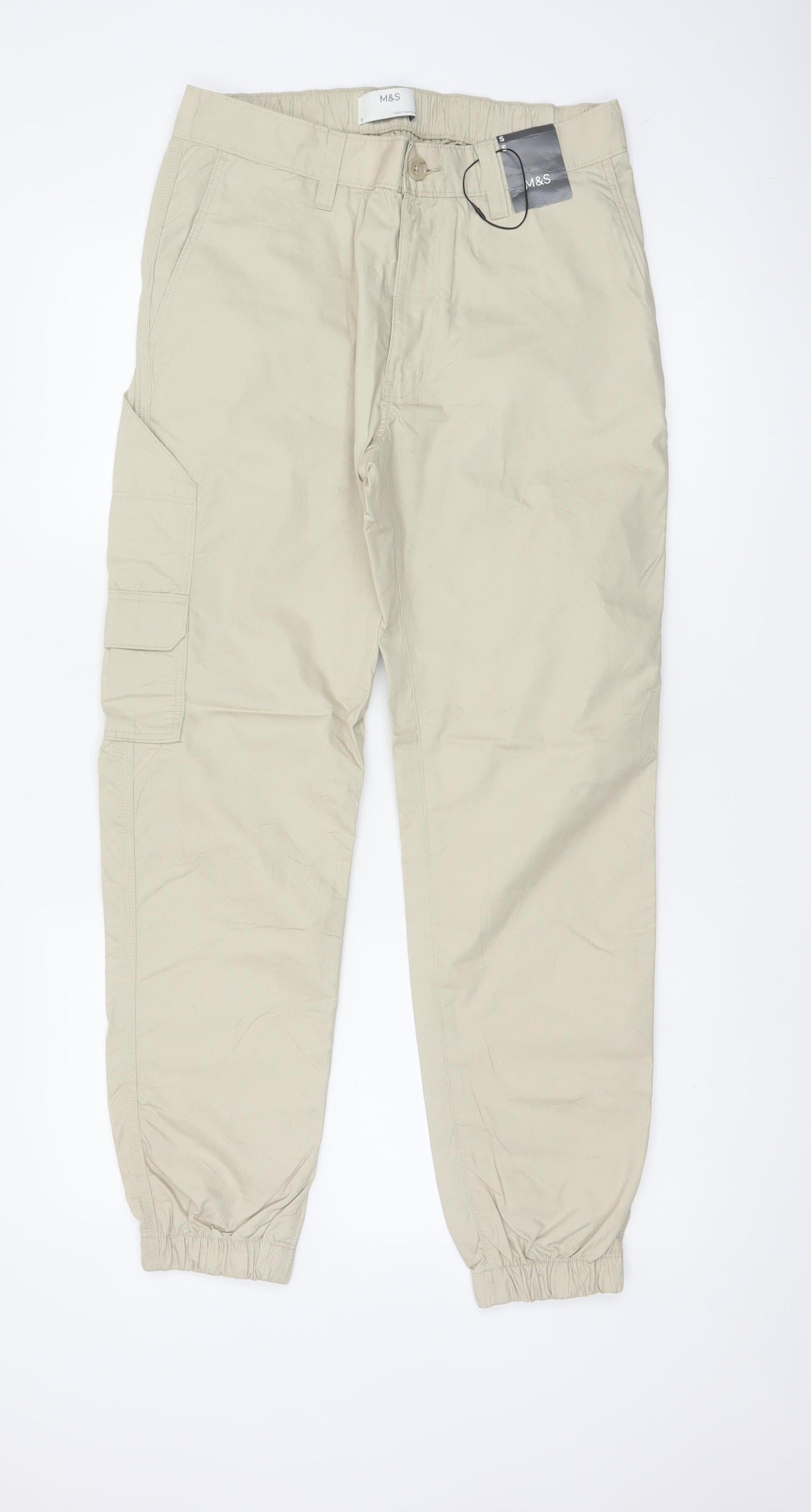Marks and Spencer Men's Beige S Cargo Jogger Trousers Elastic Waist